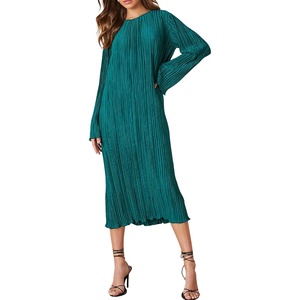 image:imageRVivimos Satin Elegant Midi Dresses for Women Long Sleeve Pleated Loose Silky Cocktail Wedding Guest Evening Party DressesDark Green