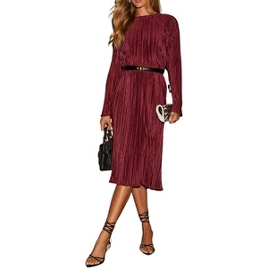image:imageRVivimos Satin Elegant Midi Dresses for Women Long Sleeve Pleated Loose Silky Cocktail Wedding Guest Evening Party DressesWine Red