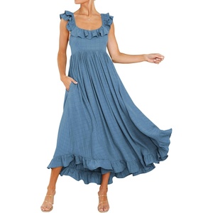 image:imageRVivimos Summer Dress for Women Sleeveless Boho Ruffle Square Neck Tie Back Casual Backless Flowy Midi DressBlue