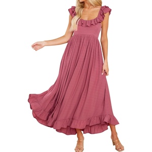 image:imageRVivimos Summer Dress for Women Sleeveless Boho Ruffle Square Neck Tie Back Casual Backless Flowy Midi DressDarkpink