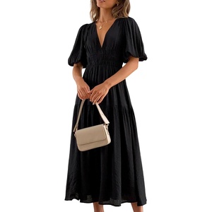 image:imageRVivimos Summer Dresses for Women Puff Sleeve Deep V Neck Elastic Waist Casual A Line Tiered Flowy Midi DressBlack