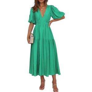 image:imageRVivimos Summer Dresses for Women Puff Sleeve Deep V Neck Elastic Waist Casual A Line Tiered Flowy Midi DressGreen