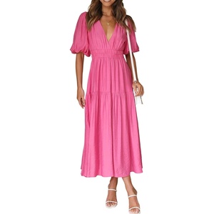 image:imageRVivimos Summer Dresses for Women Puff Sleeve Deep V Neck Elastic Waist Casual A Line Tiered Flowy Midi DressHotpink