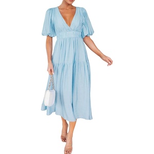 image:imageRVivimos Summer Dresses for Women Puff Sleeve Deep V Neck Elastic Waist Casual A Line Tiered Flowy Midi DressSkyblue