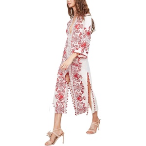 image:imageRVivimos Women Half Sleeve V Neck Tassel Cotton Vintage Embroidered Slit Casual Long DressWhite