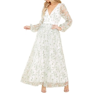 image:imageRVivimos Women Maxi Dress Tulle Long Sleeve V Neck Floral Embroidery Backless Casual Flowy ALine DressGreen
