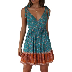 image:imageRVivimos Women Summer Spaghetti Straps Cotton Floral Print Backless V Neck Swing Mini DressGreen Orange