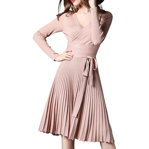 image:imageRVivimos Womens Autumn Long Sleeve V Neck Elegant Knitted Slim KneeLength ALine Sweater DressBeige