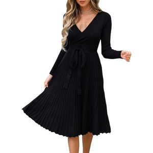 image:imageRVivimos Womens Autumn Long Sleeve V Neck Elegant Knitted Slim KneeLength ALine Sweater DressBlack