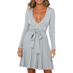 image:imageRVivimos Womens Autumn Long Sleeve V Neck Elegant Knitted Slim KneeLength ALine Sweater DressGrey