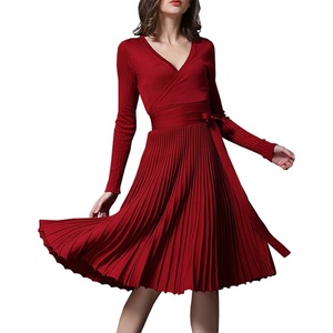 image:imageRVivimos Womens Autumn Long Sleeve V Neck Elegant Knitted Slim KneeLength ALine Sweater DressWine Red