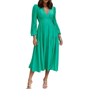image:imageRVivimos Womens Casual Long Sleeve Midi Dress Deep V Neck Elastic Waist ALine Tiered Flowy Elegant DressesDarkgreen