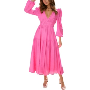 image:imageRVivimos Womens Casual Long Sleeve Midi Dress Deep V Neck Elastic Waist ALine Tiered Flowy Elegant DressesHotpink