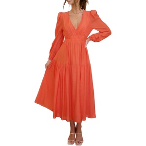 image:imageRVivimos Womens Casual Long Sleeve Midi Dress Deep V Neck Elastic Waist ALine Tiered Flowy Elegant DressesOrange