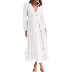 image:imageRVivimos Womens Casual Long Sleeve Midi Dress Deep V Neck Elastic Waist ALine Tiered Flowy Elegant DressesWhite