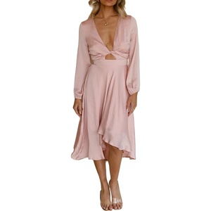 image:imageRVivimos Womens Cocktail Party Satin Dress Sexy Deep VNeck Long Sleeve Tie Waist High Low Midi DressPink