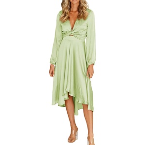 image:imageRVivimos Womens Cocktail Party Satin Dress Sexy Deep VNeck Long Sleeve Tie Waist High Low Midi DressSagegreen