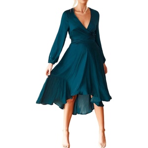 image:imageRVivimos Womens Cocktail Party Satin Dress Sexy Deep VNeck Long Sleeve Tie Waist High Low Midi DressTeal