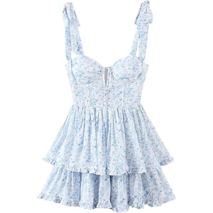 image:imageRVivimos Womens Corset Dress Summer Boho Floral Print Adjustable Straps Sexy Backless Layered Ruffle Hem Mini SundressWhiteblue