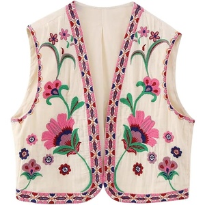image:imageRVivimos Womens Cotton Cropped Vest Spring Summer Sleeveless Floral Embroidery Open Front Vintage CardiganBeigepink