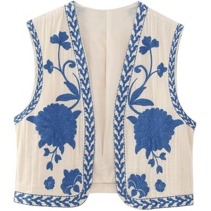 image:imageRVivimos Womens Cotton Cropped Vest Spring Summer Sleeveless Floral Embroidery Open Front Vintage CardiganWhiteblue