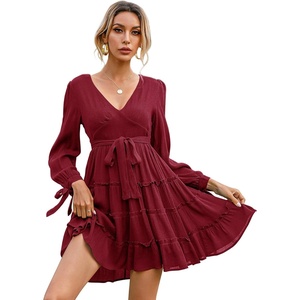 image:imageRVivimos Womens Cotton Fall Long Sleeves V Neck Tie Waist Casual Layered Ruffles Mini Swing DressesBurgundy