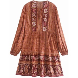 image:imageRVivimos Womens Cotton Long Sleeve Floral Print Ruffled Hem Casual Boho Flowy Tunic DressOrange