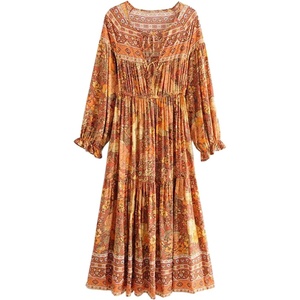 image:imageRVivimos Womens Cotton Long Sleeve Ruffles V Neck Front Lace Up Floral Print Midi DressOrange