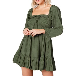 image:imageRVivimos Womens Cotton Long Sleeve Square Neck Ruffle Smocked Plaid Swing Mini DressArmygreenlongsleeve