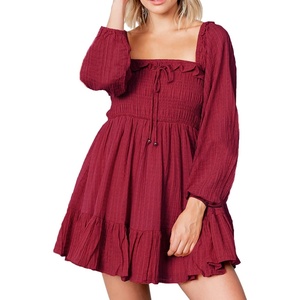 image:imageRVivimos Womens Cotton Long Sleeve Square Neck Ruffle Smocked Plaid Swing Mini DressBurgundylongsleeve