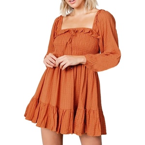 image:imageRVivimos Womens Cotton Long Sleeve Square Neck Ruffle Smocked Plaid Swing Mini DressOrangelongsleeve