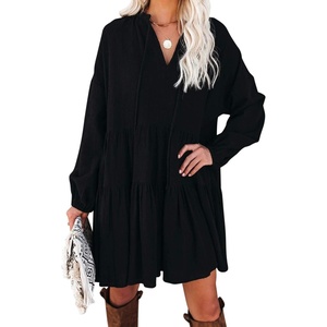 image:imageRVivimos Womens Fall Cotton Long Sleeve Casual Loose VNeck Swing Tunic Mini DressBlack