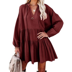 image:imageRVivimos Womens Fall Cotton Long Sleeve Casual Loose VNeck Swing Tunic Mini DressBurgundy