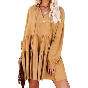 image:imageRVivimos Womens Fall Cotton Long Sleeve Casual Loose VNeck Swing Tunic Mini DressYellow