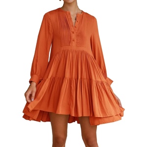 image:imageRVivimos Womens Fall Long Sleeve Casual Cotton Ruffle Button Down Loose Fit Mini DressOrange