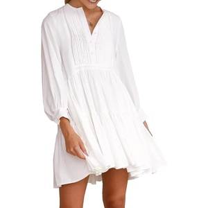 image:imageRVivimos Womens Fall Long Sleeve Casual Cotton Ruffle Button Down Loose Fit Mini DressWhite