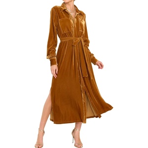 image:imageRVivimos Womens Fall Long Sleeve Velvet Casual Dresses Button Down Loose Slit Shirt Midi Dress with BeltBrown