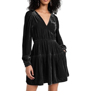 image:imageRVivimos Womens Fall Velvet Mini Dress V Neck Long Sleeve Elastic Waist Winter Tiered Flowy Swing ALine Dress with PocketsBlack
