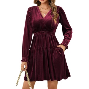 image:imageRVivimos Womens Fall Velvet Mini Dress V Neck Long Sleeve Elastic Waist Winter Tiered Flowy Swing ALine Dress with PocketsBurgundy