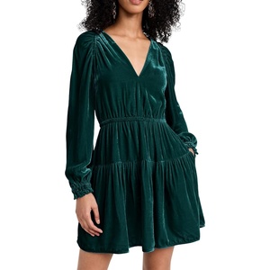 image:imageRVivimos Womens Fall Velvet Mini Dress V Neck Long Sleeve Elastic Waist Winter Tiered Flowy Swing ALine Dress with PocketsDarkgreen