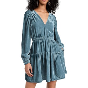 image:imageRVivimos Womens Fall Velvet Mini Dress V Neck Long Sleeve Elastic Waist Winter Tiered Flowy Swing ALine Dress with PocketsHazeblue
