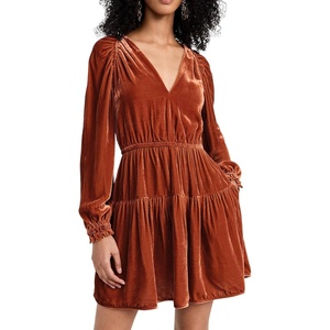 image:imageRVivimos Womens Fall Velvet Mini Dress V Neck Long Sleeve Elastic Waist Winter Tiered Flowy Swing ALine Dress with PocketsRustbrown