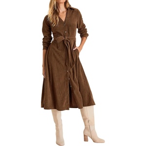 image:imageRVivimos Womens Fall Winter Corduroy Midi Dress Long Sleeve V Neck Button Down Belted Flowy Shirt Dress with PocketsBrown