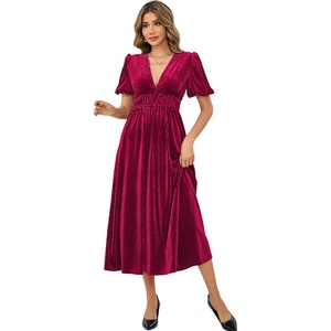 image:imageRVivimos Womens Fall Winter Velvet Dress Puff Sleeve Sexy Deep V Neck Elastic High Waist ALine Elegant Casual Midi DressBurgundy