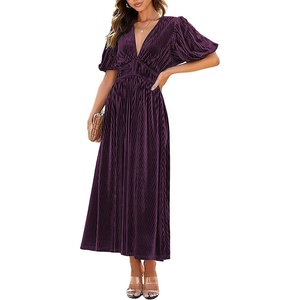 image:imageRVivimos Womens Fall Winter Velvet Dress Puff Sleeve Sexy Deep V Neck Elastic High Waist ALine Elegant Casual Midi DressDark Purple