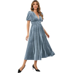 image:imageRVivimos Womens Fall Winter Velvet Dress Puff Sleeve Sexy Deep V Neck Elastic High Waist ALine Elegant Casual Midi DressDusty Blue