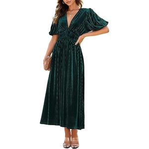image:imageRVivimos Womens Fall Winter Velvet Dress Puff Sleeve Sexy Deep V Neck Elastic High Waist ALine Elegant Casual Midi DressGreen