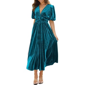 image:imageRVivimos Womens Fall Winter Velvet Dress Puff Sleeve Sexy Deep V Neck Elastic High Waist ALine Elegant Casual Midi DressTeal