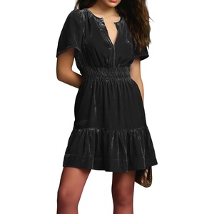 image:imageRVivimos Womens Fall Winter Vintage Casual Dresses Velvet Short Sleeve V Neck Elastic Waist Tiered Flowy Swing Mini DressBlack