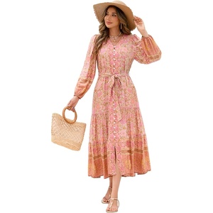 image:imageRVivimos Womens Long Sleeve Boho Midi Dress V Neck Floral Print Casual Button Down Loose Ruffle Beach Long Dress with BeltApricot
